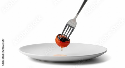 Single Grilled Tomato Impaled on a Silver Fork Hovering Above a White Plate