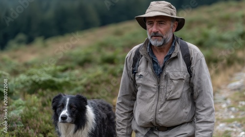 Senior Caucasian man with gray beard wearing a hat and outdoor clothing walks with a black and white Border Collie dog in a green landscape.