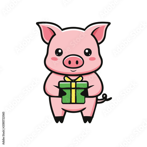 Cute cartoon pig holding a gift box