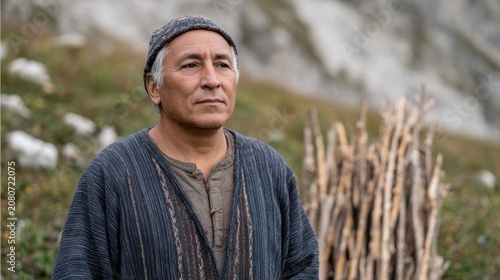 A middle-aged Hispanic man stands in a natural setting, wearing traditional clothing. He has short black hair and a serious expression, surrounded by greenery and sticks.