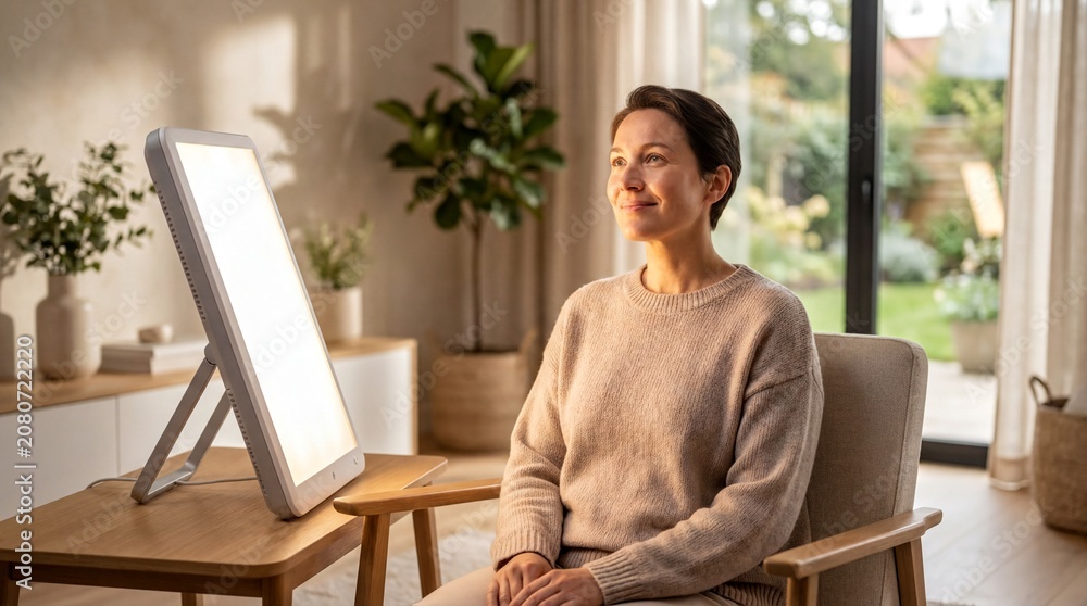 Fototapeta premium wellness practices, individual experiencing light therapy with a hopeful expression in a serene setting