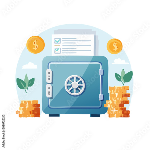 Flat vector illustration of a safe with coins, plants, and documents