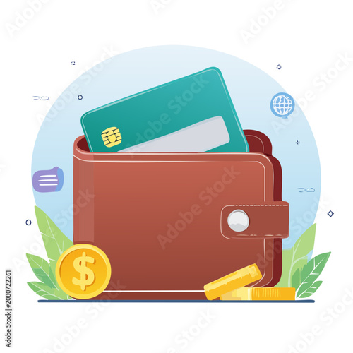 Flat vector illustration of wallet with credit card and money