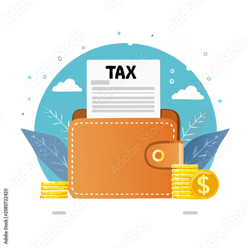 Tax document with wallet and gold coins flat vector illustration