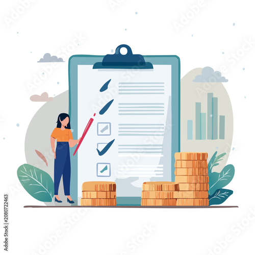 Woman with clipboard and checklist in flat vector style
