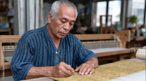 An elderly Asian man with gray hair is carefully writing on a piece of fabric in a workshop. He wears a blue traditional garment and focuses on his work.
