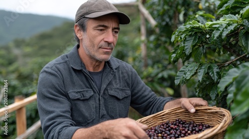 A middle-aged Hispanic man with dark hair and a cap holds a basket of coffee cherries in a lush coffee plantation. Mountains are visible in the background.