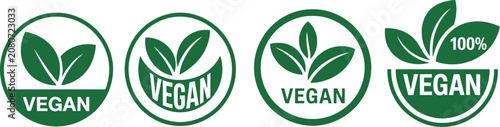 Canvastavla Vegan food badge set, organic bio logos ecological labels and green leaf signs isolated on white background for natural product branding and packaging