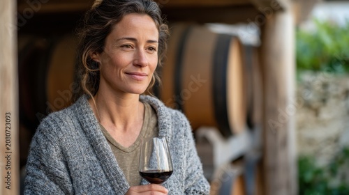 A young Caucasian woman with wavy brown hair holds a glass of red wine. She wears a cozy sweater and stands near wooden wine barrels in a vineyard setting.