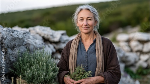 Senior Caucasian woman with gray hair, wearing a dark shawl and blue shirt, holding fresh herbs, standing near a stone wall in a natural setting.