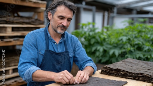 Middle-aged Caucasian man with dark hair working in a greenhouse, preparing tobacco leaves on a wooden table. Green plants in the background.