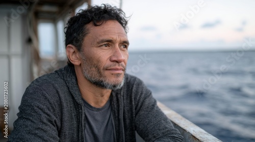 A middle-aged Hispanic man with curly hair sits on a boat, gazing thoughtfully at the ocean. The sky is clear with soft clouds in the background.