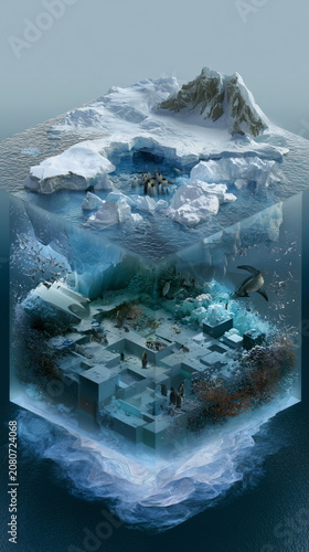 Frozen Arctic seascape with floating icebergs and towering snowy mountains, perfect for climate concepts, polar travel, nature backgrounds and conservation.