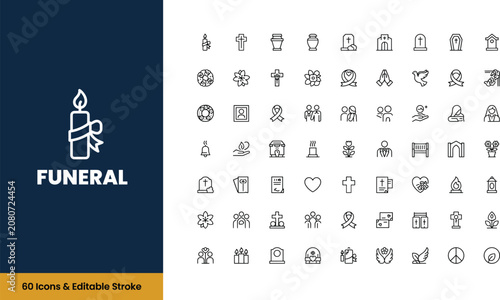 Funeral Line Icon Collection Featuring Memorial, Cemetery, Coffin, Mourning, Religious Symbols and Editable Stroke Outline Vector Icon Set