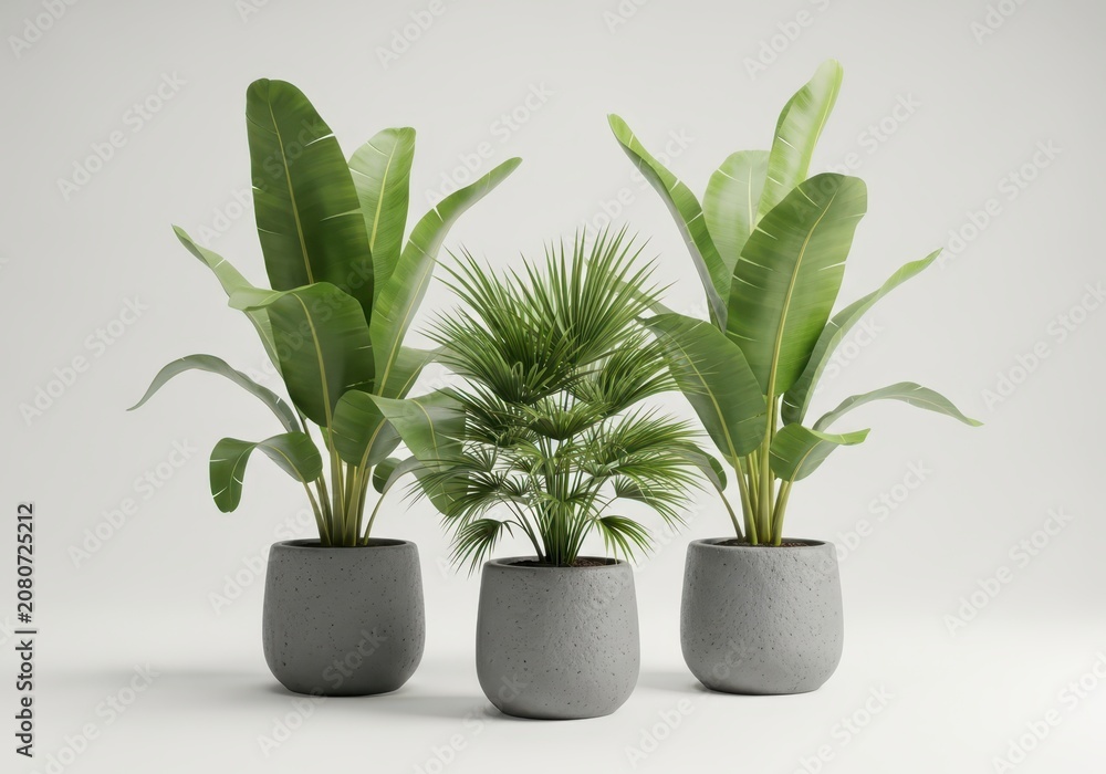 Fototapeta premium Three Tropical Potted Plants Including Banana Leaf and Fan Palm in Modern Grey Concrete Pots on White Background