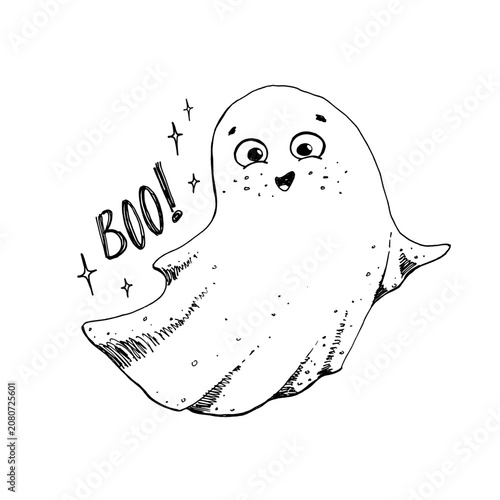 A black and white vector illustration for Halloween. A monochrome drawing of a ghost, hand drawn with ink in a simple style for invitations, posters and greeting cards.