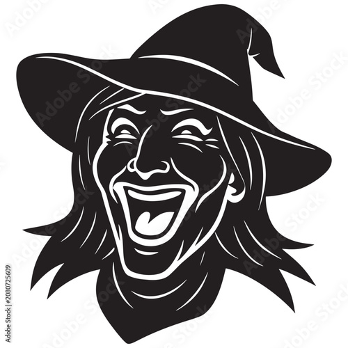 Photos Silhouette of a laughing witch face wearing a pointed hat, depicted as a black a