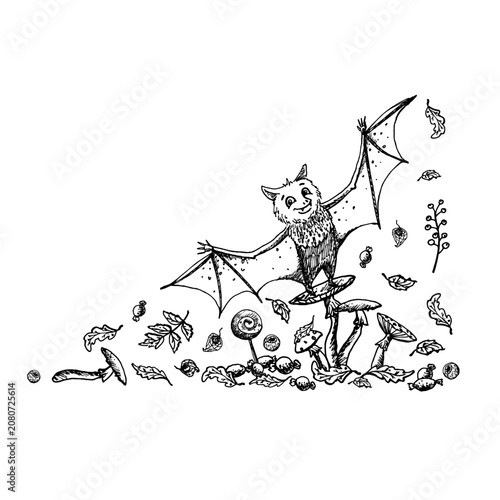 A monochrome illustration for Halloween greeting cards featuring a bat and sweets. The ink drawing is hand drawn in a simple, childlike style for designing invitations, posters, and packaging.