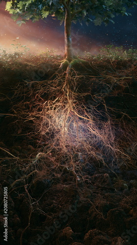 Detailed underground tree root system illustrating plant growth, soil ecology, biodiversity, environmental science and botanical education concepts.