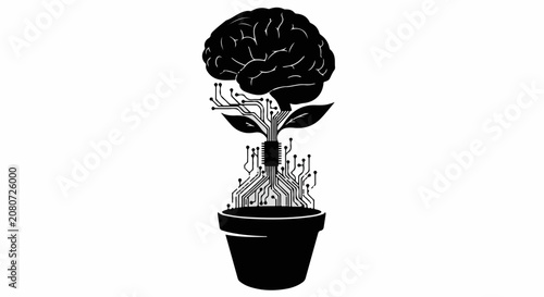 Growing intelligence with technology, a brain sprouts from a plant in a pot.