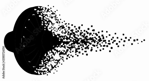 Abstract black sphere dissolving into countless particles against a white background