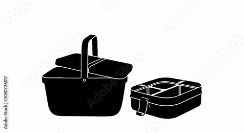 Simple black silhouette of a picnic basket and a compartmentalized food container.