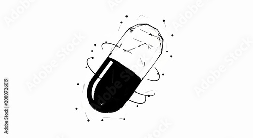 Abstract representation of a capsule with swirling particles, symbolizing medicine or science