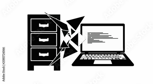 Data transfer from filing cabinet to laptop symbolizes digital transformation and information management.