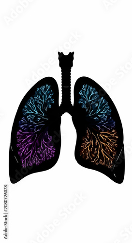 Artistic representation of human lungs with colorful branching structures inside against a white background.