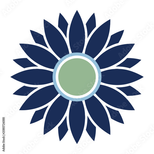 Elegant dark blue abstract floral vector icon design with a vivid green core and subtle pale blue