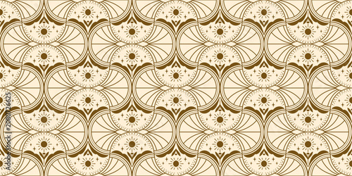 Luxury Gold Brown Art Deco Seamless Pattern. Geometric Fan Shape and Celestial Sun. Vintage Abstract Ornaments for Textile, Wallpaper, Background.