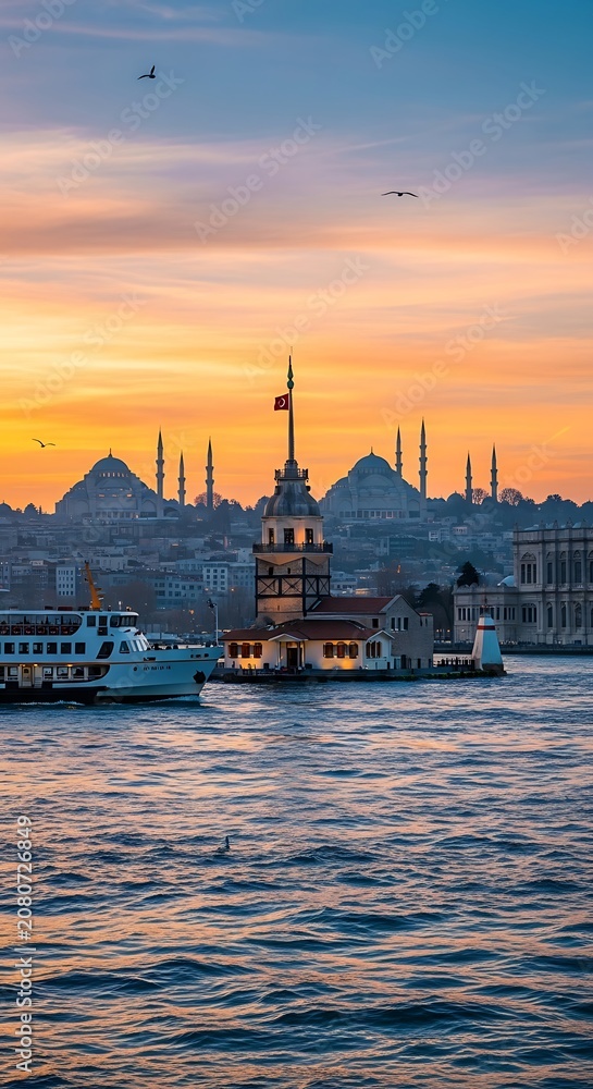 Obraz premium A serene sunset scene of a historic city skyline with a large body of water