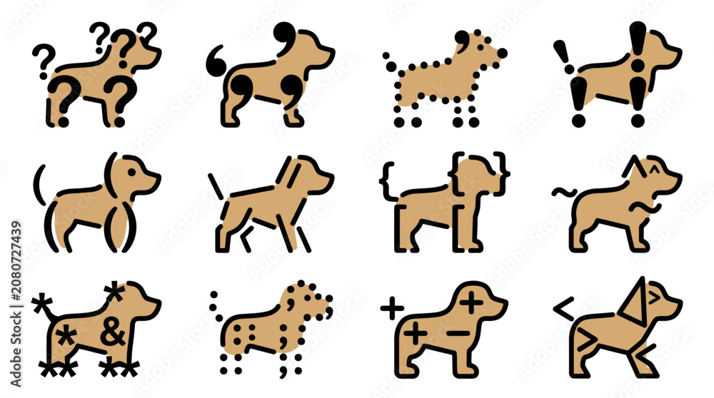 Obraz premium An icon set stock of various dogs on Sunday in different poses and expressions.