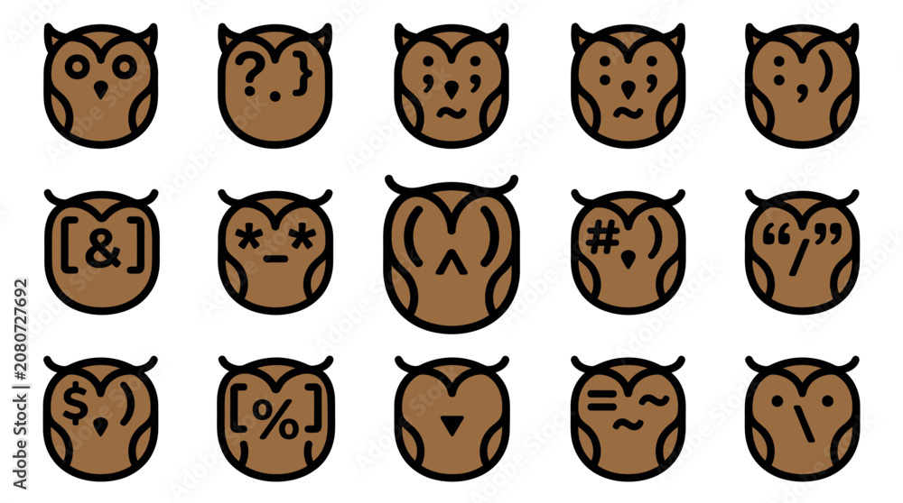 Fototapeta premium A collection of various emoticon owl faces icons set on a white background for sunday