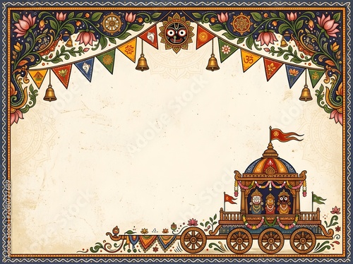 Rath yatra festival invitation background with small chariot carrying jagannath deities.