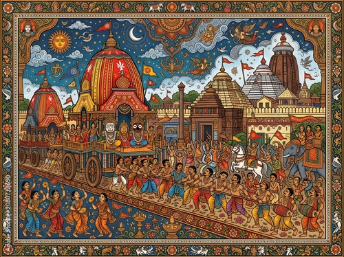 Rath yatra festival night scene with people pulling chariot, puri temple and vibrant atmosphere.