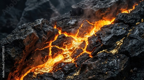 Volcanic lava flowing through dark rugged rocks at night