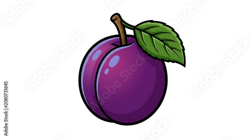 Fresh purple eggplant with green leaf on white background.