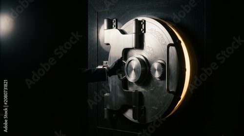 Konstfotografi Professional thief wearing black gloves opening massive vintage bank vault door in dark room with mechanical gears and glowing light from inside high security safe