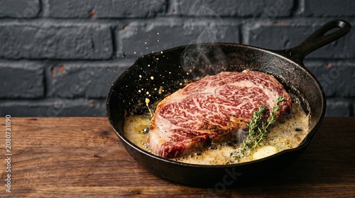 Konstfotografi Raw marbled ribeye steak searing in hot black cast iron skillet with melted butter and fresh herb sprigs smoking over rustic wooden table against dark background