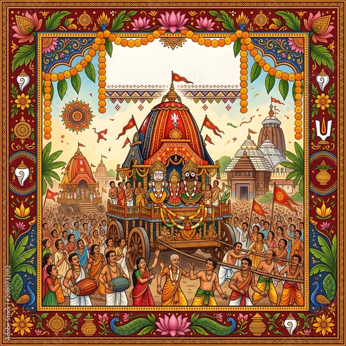 Illustration of chariot festival showing deities seated on wooden cart amidst big crowd.
