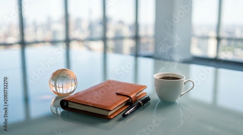 Steaming cup of coffee sits next to leather journal and pen on glass table in modern office with blurred city background representing planning and morning routine.