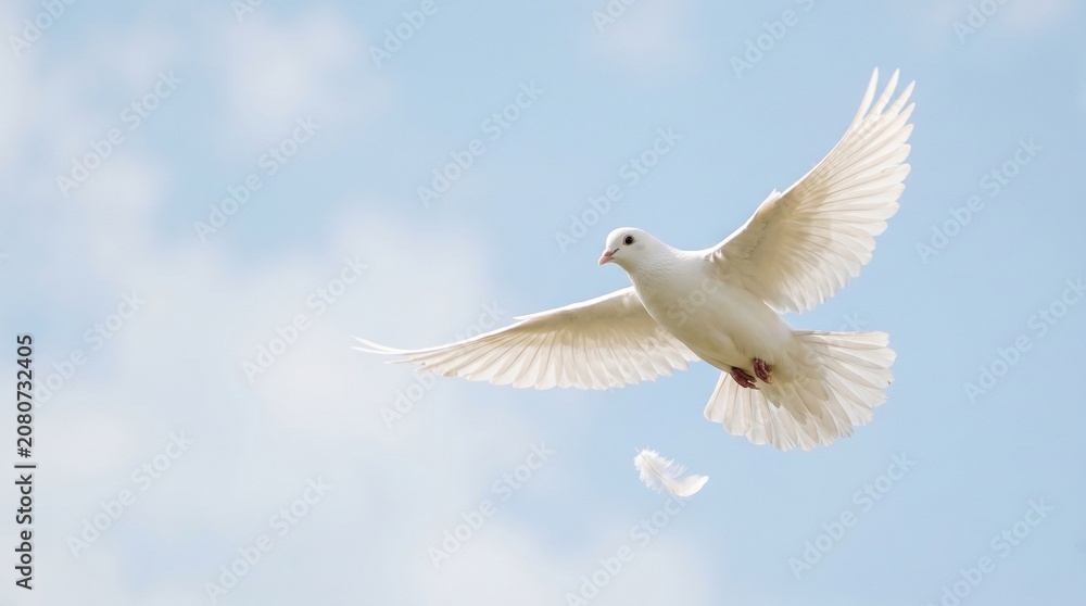 Obraz premium White dove flying across clear blue sky with open wings dropping single feather soft sunlight lighting peaceful concept of freedom spirituality harmony elegance.