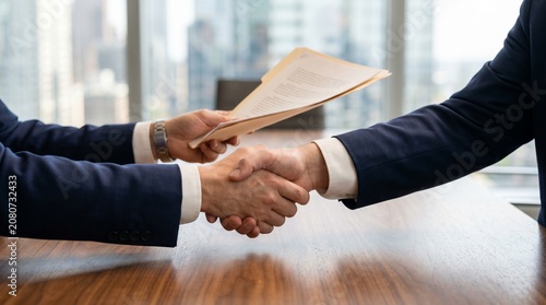 Fotografía Two businessmen shaking hands across office desk while holding paper document representing successful negotiation contract signing and mutual corporate agreement