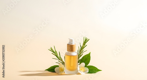Natural cosmetic oil bottle with rosemary and jasmine flowers
