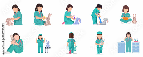 Foto Little girl playing veterinarian and doctor with plush rabbit toys set, child ro