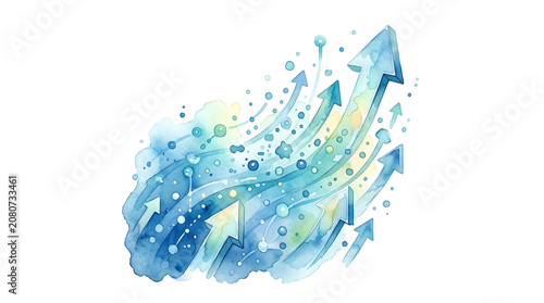 Watercolor growth arrows illustrating business success and upward financial progress with abstract blue fluid shapes isolated on white background