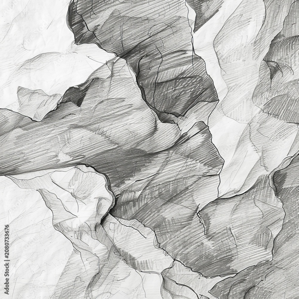 Fototapeta premium Close-up pencil drawing of abstract rock formations with textured lines and shading, creating a monochromatic abstract