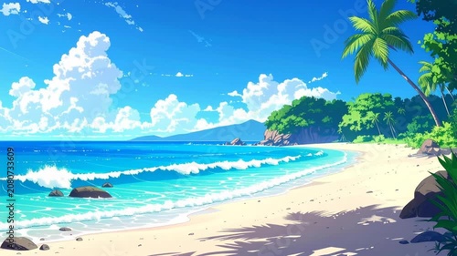 エメラルドブルーの海と白い砂浜 夏の海岸風景 アニメ風背景動画