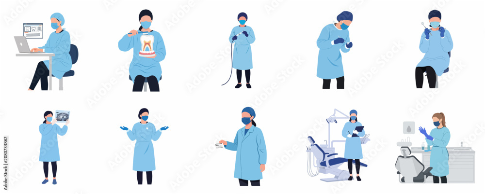 Fototapeta premium Collection of female dentist characters in blue medical scrubs and masks, performing various dentistry tasks, flat vector illustration